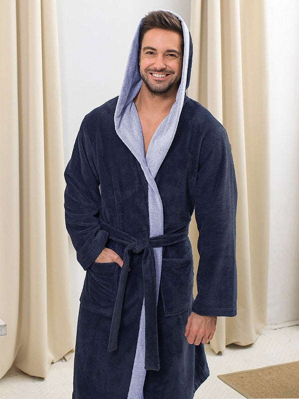 Belmanetti bambuko pluošto dvisluoksnis vyriškas chalatas su gobtuvu "Drake Velour Navy - Blue"