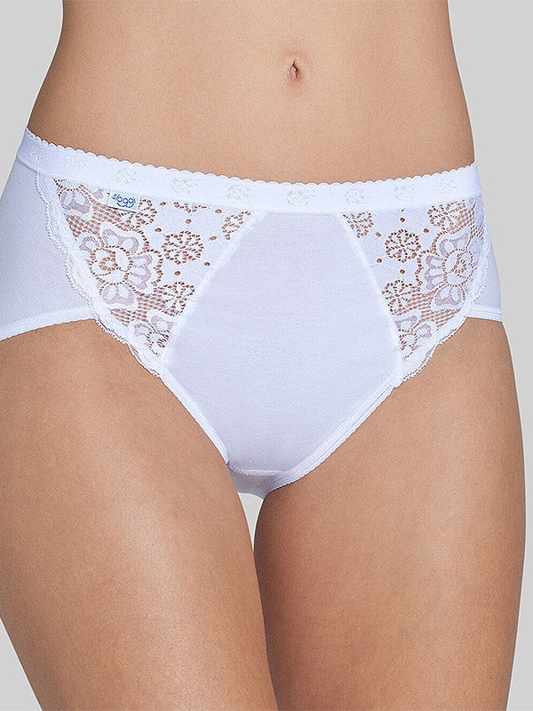 Sloggi aukšto juosmens medvilninės kelnaitės su nėriniais "Chic Midi White"