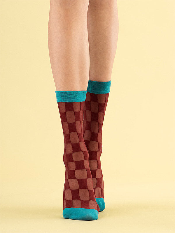 Fiore raštuotos kojinės "Check Twice 20 Den Burgundy - Turquoise"