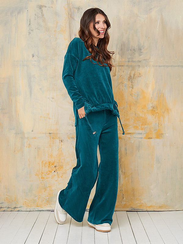 Lega Wide Cotton Trousers Lynette Dark Teal Velour