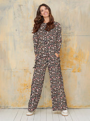 Lega plačios veliūrinės kelnės "Tessa Black - Cream - Rose Flower Print Velour"