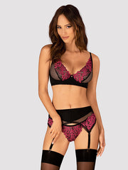 Obsessive 3 dalių nėriniuotas apatinių komplektas "Rosenty Black - Pink"