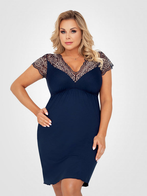 Donna viskoziniai naktiniai su nėriniuotomis rankovėmis "Greta Plus Dark Blue - Golden"