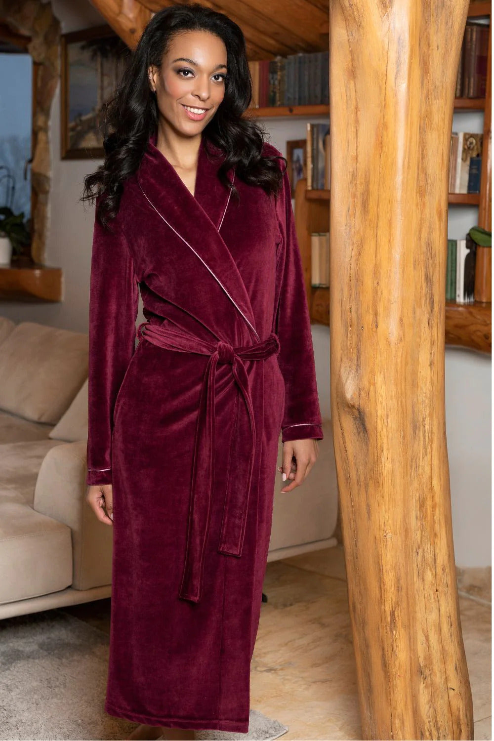 Belmanetti ilgas medvilninis chalatas "Dora Red Wine Velour"