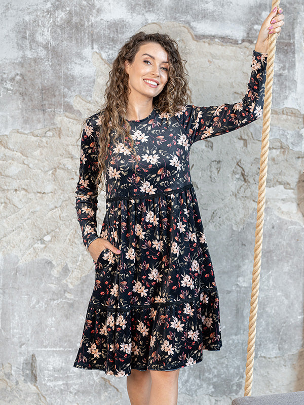 Lega Loose Silhouette Velour Dress Rafaela Black - Multicolor Flower Print Velour