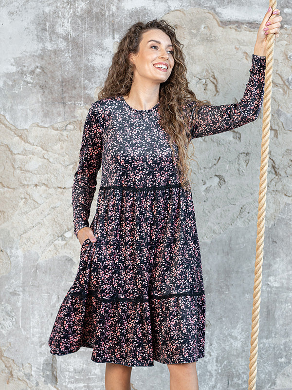 Lega Loose Silhouette Velour Dress Rafaela Black - Rose Flower Print Velour