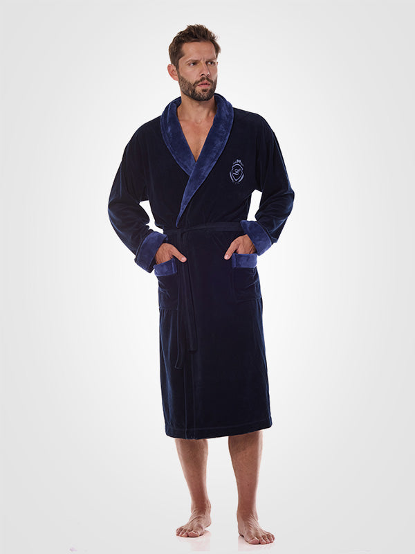 L&L medvilninis vyriškas chalatas "Diego Dark Blue Velour"