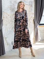 Lega veliūrinė midi suknelė "Kayla Black - Brown Flower Print Velour"