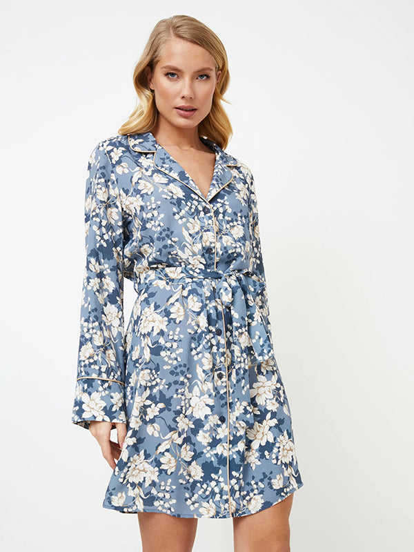 Aruelle viskoziniai naktiniai marškiniai "Francine Blue - White Flower Print"