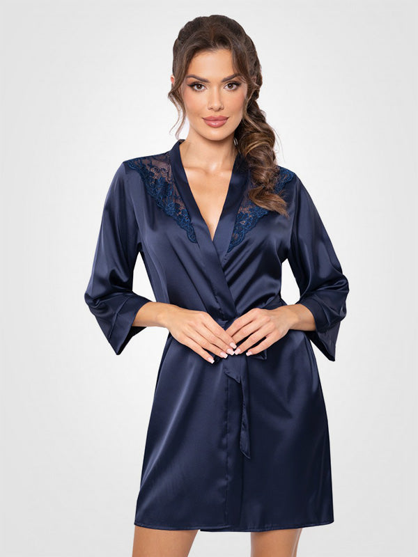 Donna atlasinis chalatas su nėriniais "Mari Dark Blue"