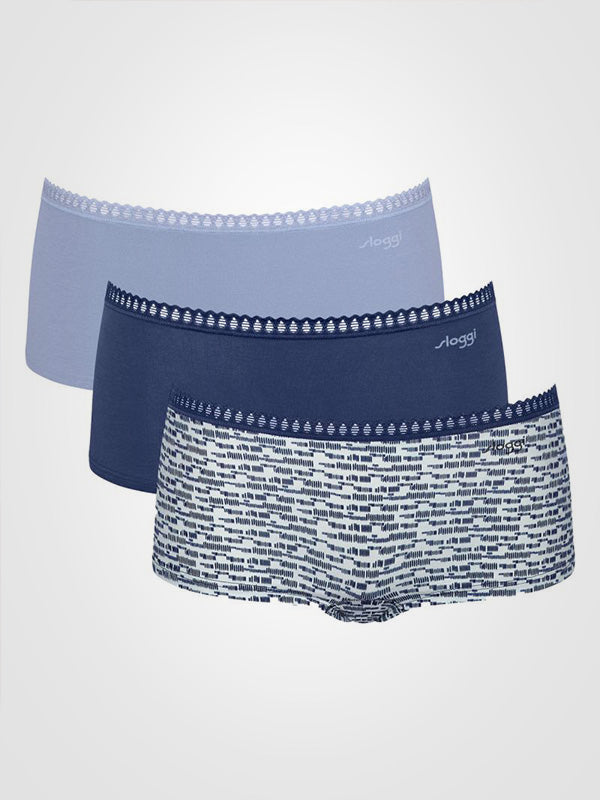 Sloggi 3 medvilninių kelnaičių šortukų komplektas "Go Crush White - Blue - Dark Blue"