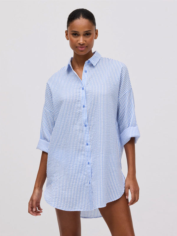Ysabel Mora oversize marškiniai "Lorena White - Blue Stripes"