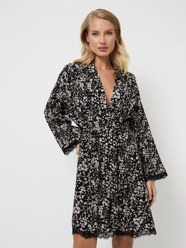Aruelle Viscose Dressing Gown Eli Black - Beige Flower Print