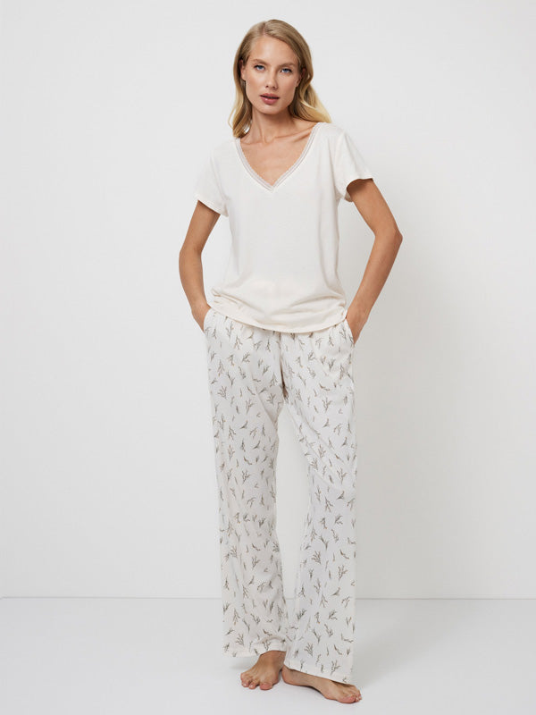 Aruelle ilga medvilnės ir modalo pižama "Dulce Long Cream - Green Floral Print"