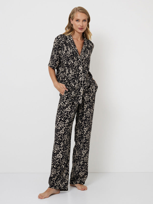 Aruelle ilga viskozinė pižama "Elaina Black - Beige Flower Print"