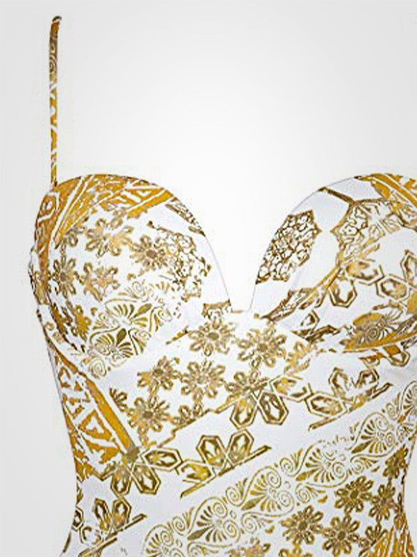 Maryan Mehlhorn vientisas maudymosi kostiumėlis formuotais kaušeliais "Orient White - Gold Ornament Print"
