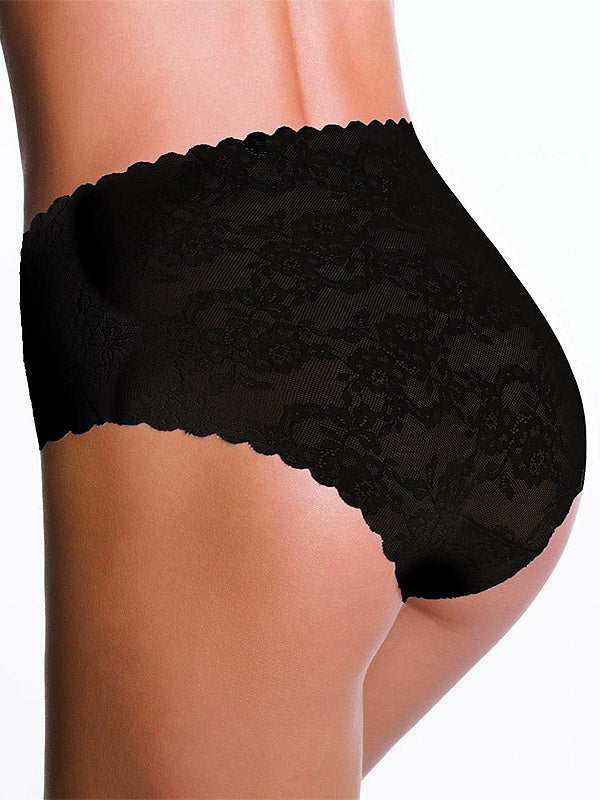 Julimex lazeriu kirptos aukšto juosmens nėriniuotos kelnaitės "Bellie Maxi Black"