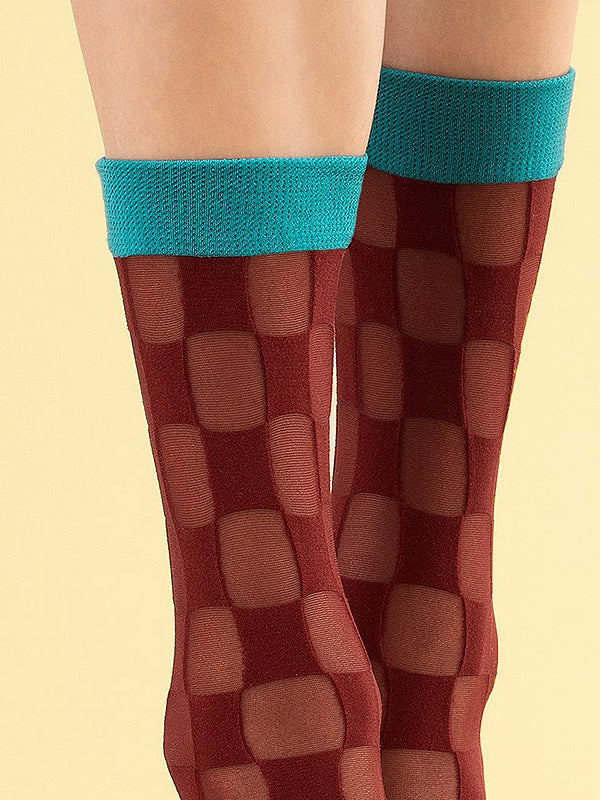 Fiore raštuotos kojinės "Check Twice 20 Den Burgundy - Turquoise"