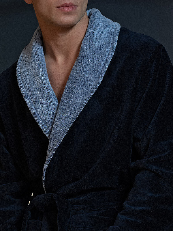 Belmanetti vyriškas dvisluoksnis chalatas su gobtuvu "Victor Dark Blue Velour"