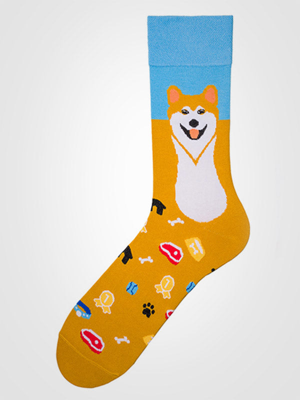 Spalvotos Kojines unisex medvilninės kojinės "Akita and Friends Blue - Yellow"