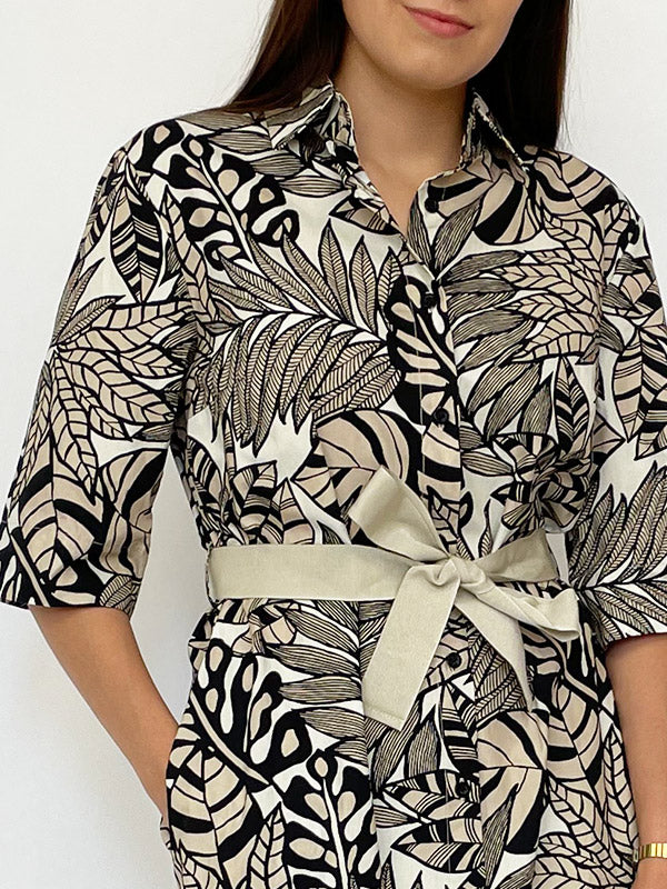 Il Vento E La Seta medvilninė midi suknelė su dirželiu "Laurita Sand - Black Floral Print"