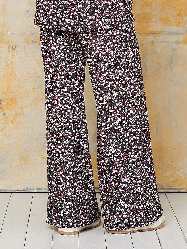 Lega plačios veliūrinės kelnės "Tessa Black - Beige - Red Flower Print Velour"