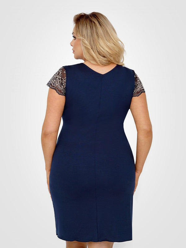 Donna viskoziniai naktiniai su nėriniuotomis rankovėmis "Greta Plus Dark Blue - Golden"
