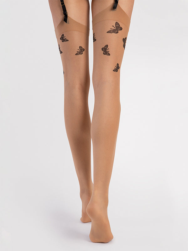 Fiore raštuotos prisegamos kojinės "Farfalle 20 Den Nude - Black"