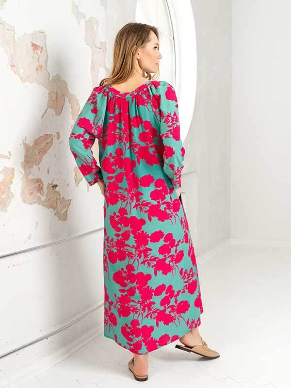 Lega ilga viskozinė suknelė "Panchita Green - Fuchsia Flower Print"
