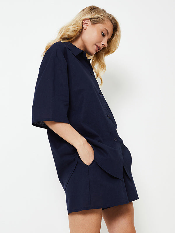 Aruelle trumpa lino ir medvilnės pižama "Nia Short Dark Blue"
