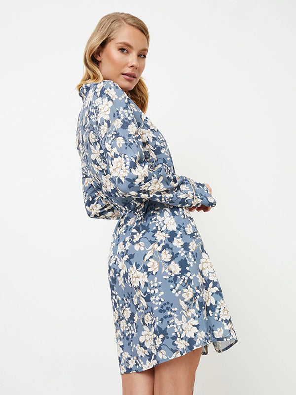 Aruelle viskoziniai naktiniai marškiniai "Francine Blue - White Flower Print"