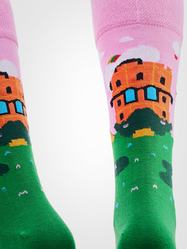 Spalvotos Kojines unisex medvilninės kojinės "Vilnius Gediminas Pink - Green"