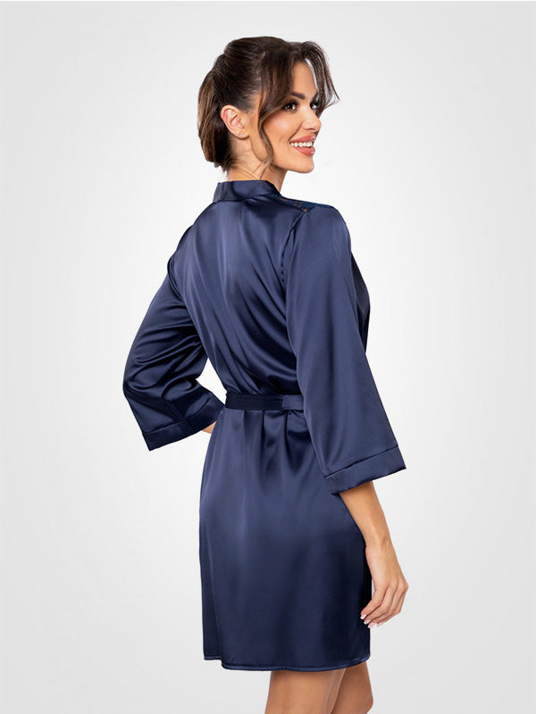 Donna atlasinis chalatas su nėriniais "Mari Dark Blue"