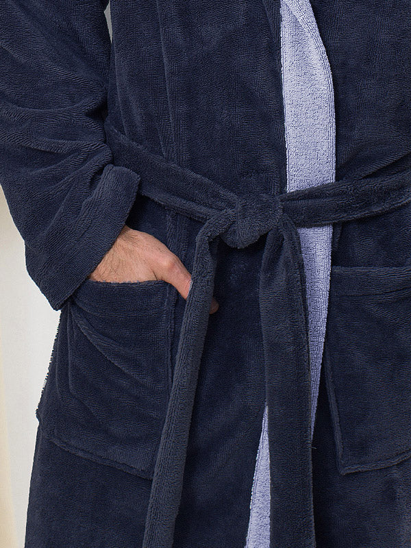 Belmanetti bambuko pluošto dvisluoksnis vyriškas chalatas su gobtuvu "Drake Velour Navy - Blue"