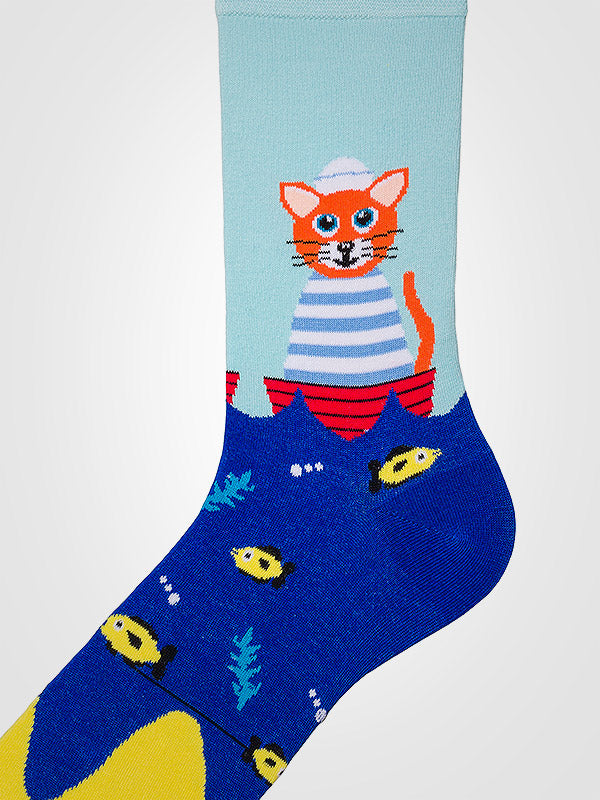 Spalvotos Kojines unisex medvilninės kojinės "Sea Cat Blue - Multicolor"