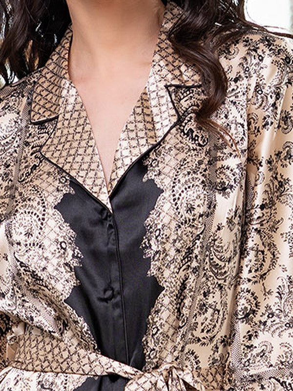 MiaMia šilkinis chalatas "Penelopa Beige - Black Ornament Print"