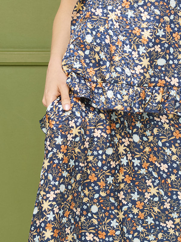 Lega atlasinis midi sijonas "Holly Navy - Multicolor Flower Print"