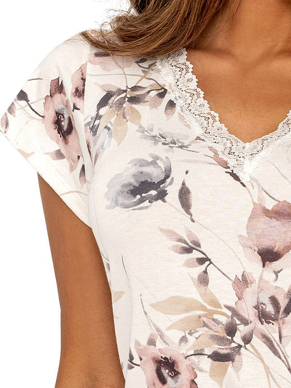 Donna trumpa viskozinė pižama su nėriniais "Belinda Ecru - Aubergine Flower Print"