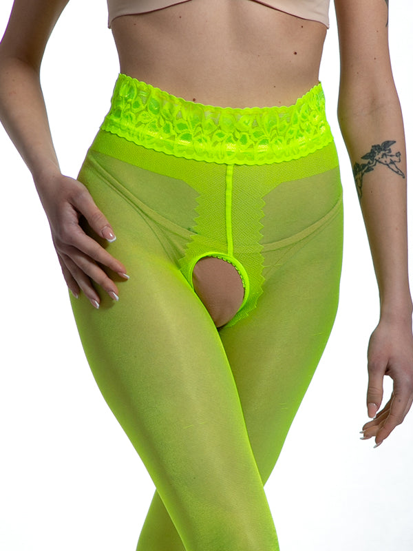 Amour pėdkelnės atviru tarpkoju "Hip Lace 30 Den Neon Yellow"