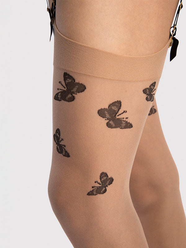 Fiore raštuotos prisegamos kojinės "Farfalle 20 Den Nude - Black"