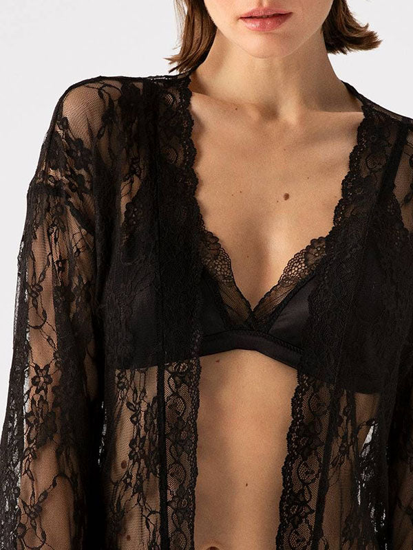 Fiore nėriniuotas chalatas "Meadow Black"