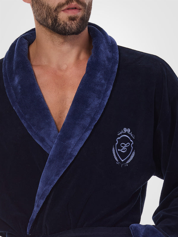 L&L medvilninis vyriškas chalatas "Diego Dark Blue Velour"