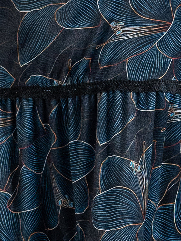 Lega veliūrinė midi suknelė "Kayla Navy - Turquoise Flower Print Velour"