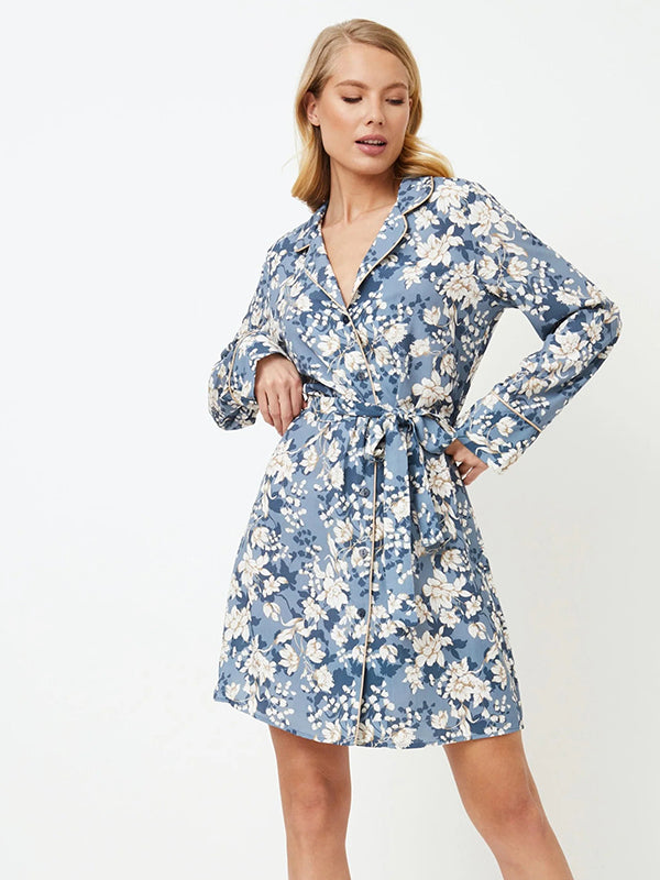 Aruelle viskoziniai naktiniai marškiniai "Francine Blue - White Flower Print"