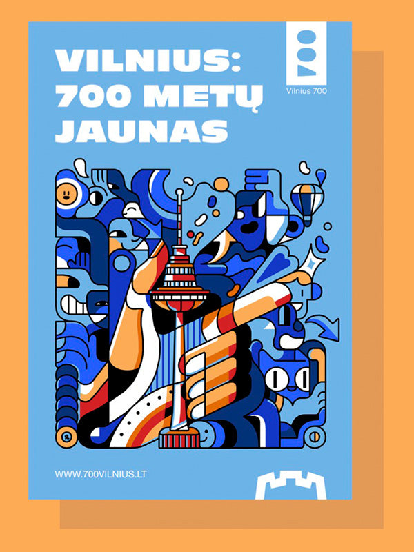 Spalvotos Kojines unisex medvilninės kojinės "Vilnius 700 Miestas Skamba Blue - White"