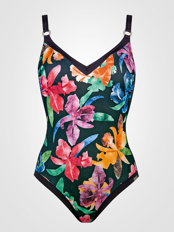 Charmline liekninantis vientisas maudymosi kostiumėlis "Night Garden Black - Multicolor Flower Print"