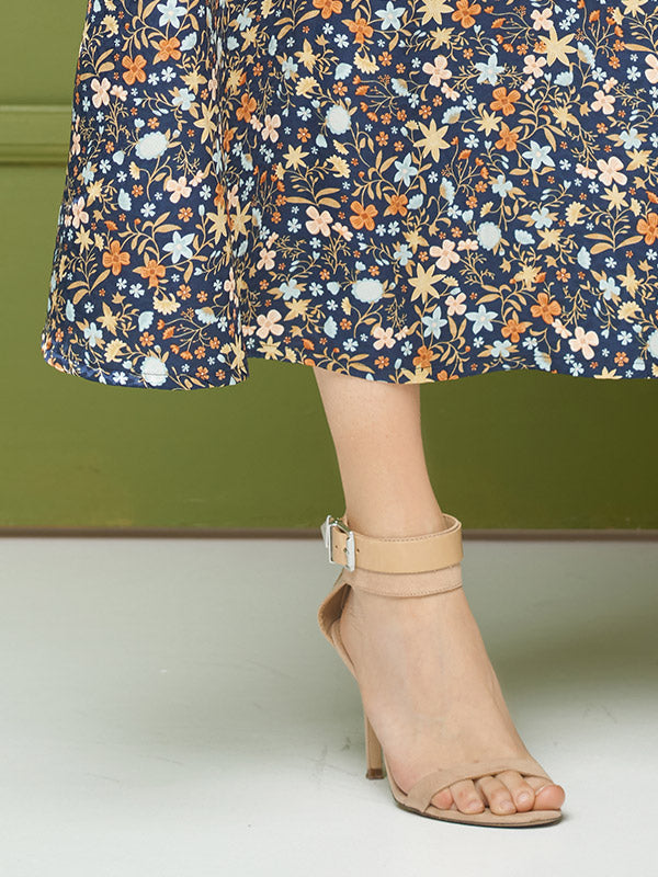 Lega atlasinis midi sijonas "Holly Navy - Multicolor Flower Print"