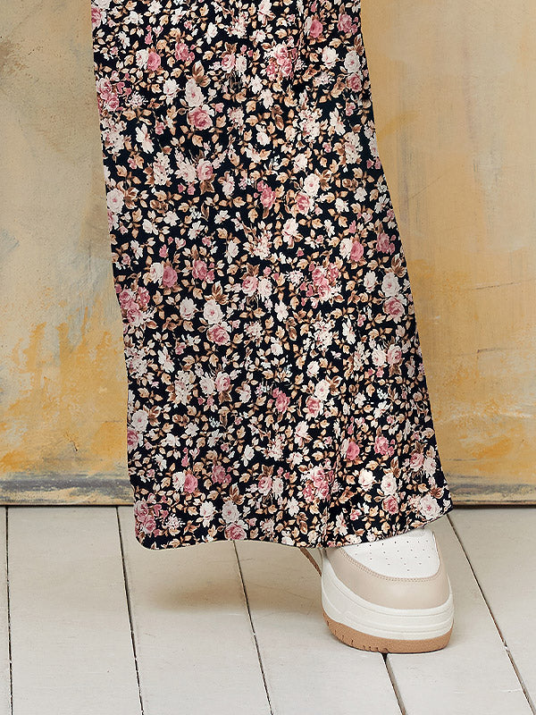 Lega plačios veliūrinės kelnės "Tessa Black - Cream - Rose Flower Print Velour"