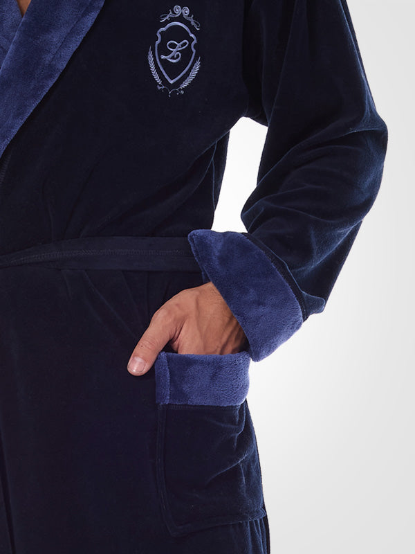 L&L medvilninis vyriškas chalatas "Diego Dark Blue Velour"