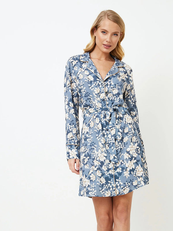 Aruelle viskoziniai naktiniai marškiniai "Francine Blue - White Flower Print"